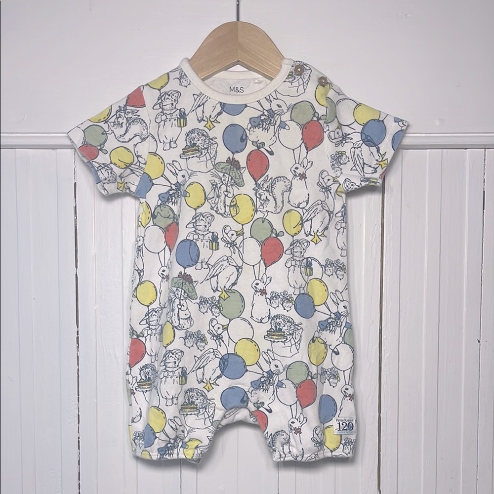 M&S x BEATRIX POTTER EUC 100% Cotton Peter Rabbit Balloon Spring Easter Romper